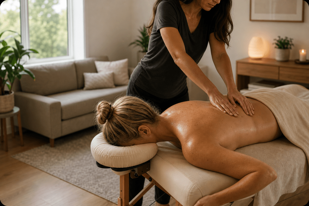 In-home deep tissue massage session in a calm, comfortable living space
