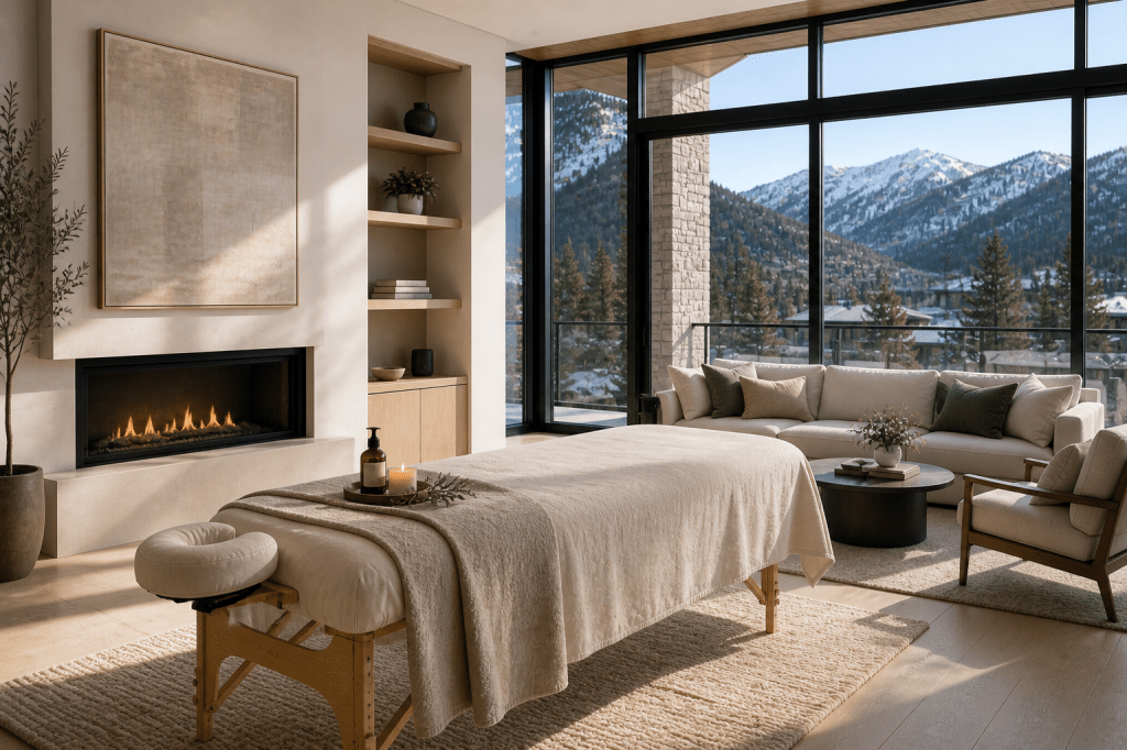 In-home massage setup in a luxury Aspen home with mountain views